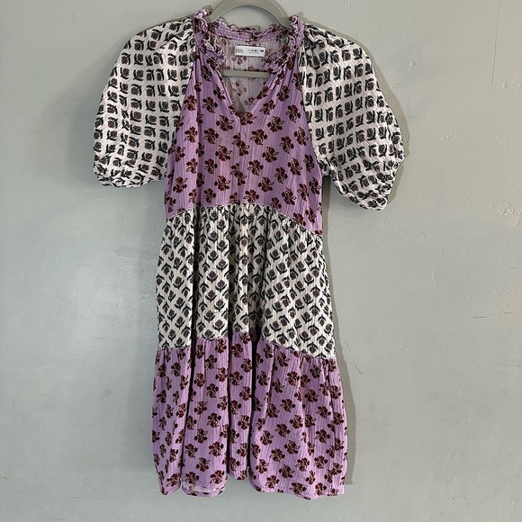 Zara Kids Purple Floral Patterned Puff Sleeve Dress - Picture 1 of 8